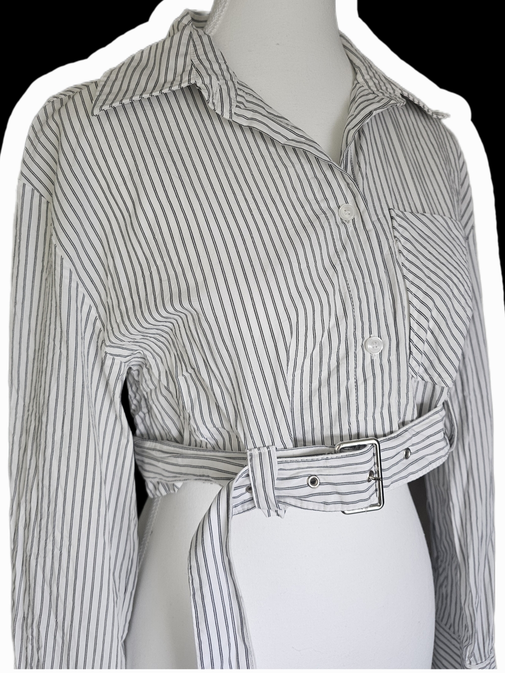 ZARA Striped White and Black Belted Button-Front Women’s Top